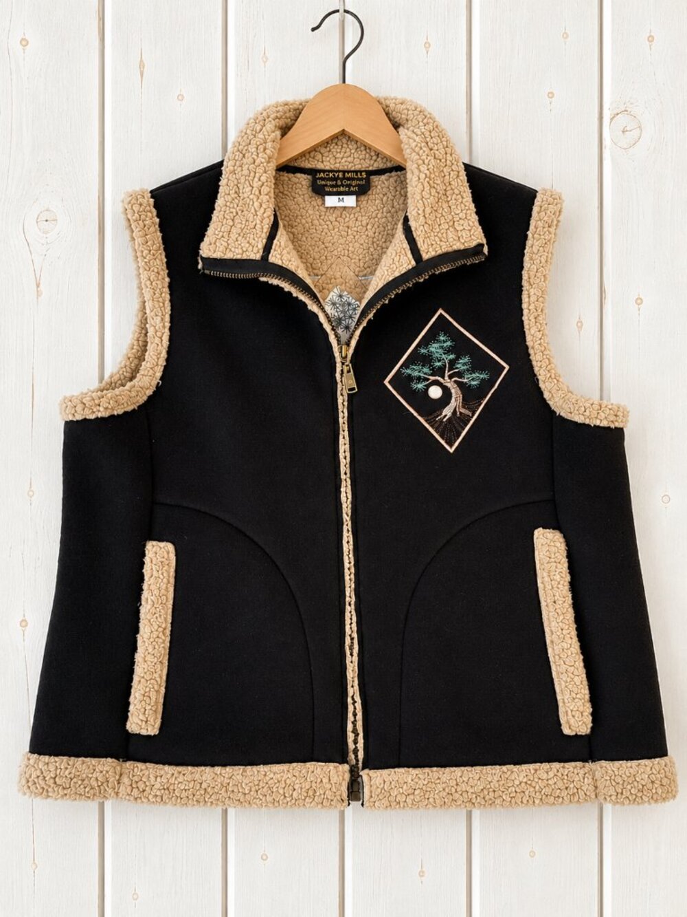 Jackye Mills Fleece Vest Womens Medium Brown Embroidered Trees Moon Artisan Boho